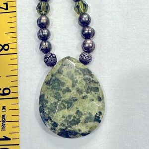 Green and silver beaded necklace with large green apatite pendant